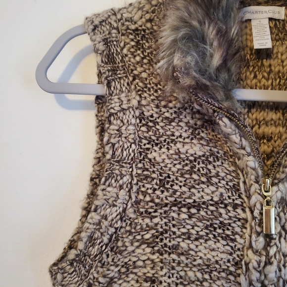Charter Club Brown Tweed Metallic Faux Fur Collar Wool Blend Zipper Boho Vest - Picture 8 of 13